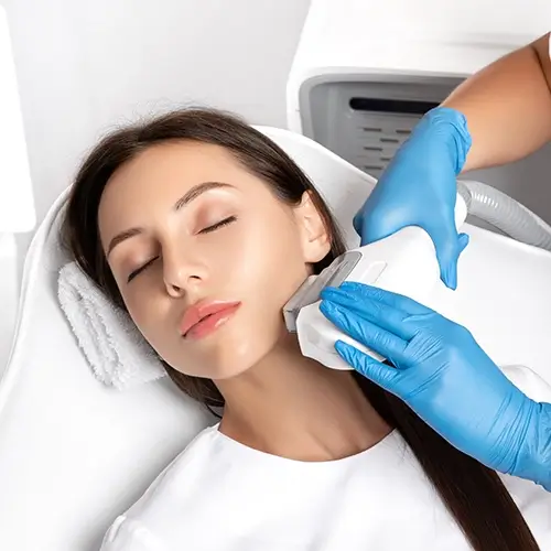 Elos epilation hair removal procedure on the face of woman beautician doing laser rejuvenation